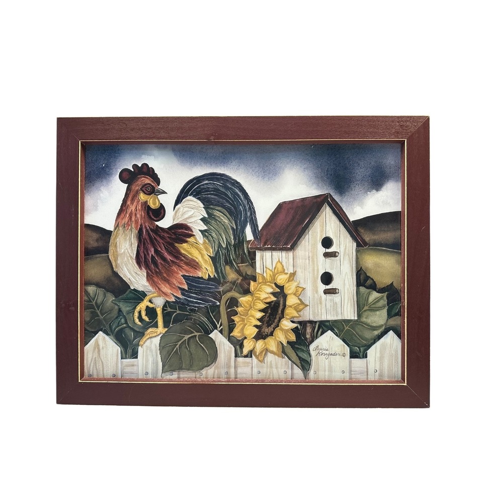 Framed Country Rooster Sunflower Birdhouse Wall Art Home‎ Decor Signed